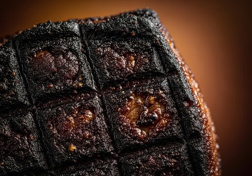 Extreme close-up of a heavily seared, crispy, black crust on a gourmet grilled steak, representing the delicious maillard reaction and savory umami flavor, perfection, grilled, umami