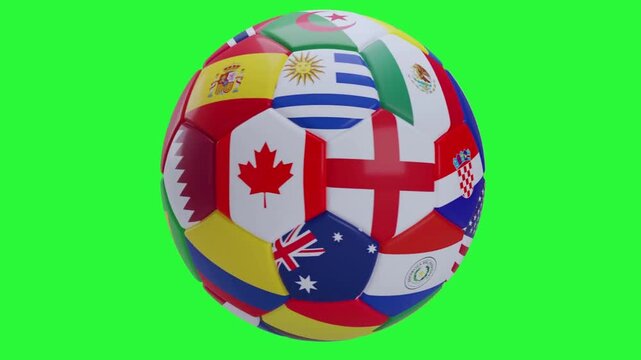 3D animation of a soccer ball spinning with 2026 world championship flags on green screen background