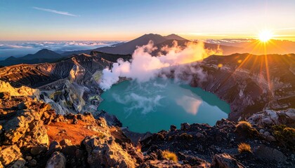 Fototapeta premium Sunrise over volcanic crater lake; steam rising, mountains, clear blue water