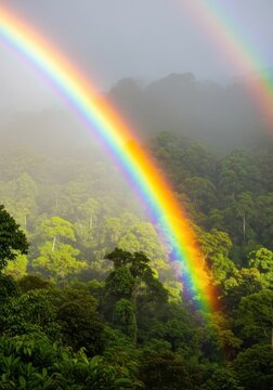 Vibrant rainbow arc appearing over a misty, dense jungle canopy after a tropical downpour, illustrating light refraction and humid nature, jungle, light, environment