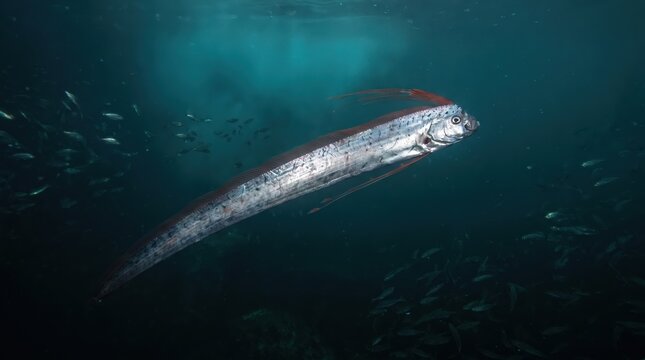 Silvery, elongated Regal Oarfish with long red fins, swimming deep. Symbolizes unique marine life and aquatic discovery.