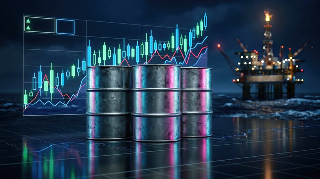 Crude oil barrels with an illuminating stock market chart show price volatility. An offshore rig symbolizes global energy production, supply, and economic challenges.
