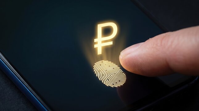 Finger interacting with a smartphone displaying a glowing Russian Ruble symbol and fingerprint. Represents secure digital currency, biometric financial transactions,