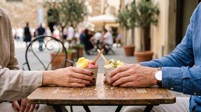 Hands of a couple sharing delicious, colorful Italian gelato on a rustic wooden table. Represents sweet romance, summer travel, and leisure.