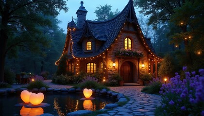 Fototapeta premium Enchanting fairytale cottage glows at night with warm lights. Stone house, whimsical architecture, fairy lights adorn trees. Heart shaped lamps float in pond.