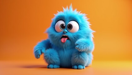 Fototapeta premium Furry blue cartoon creature looks confused, tongue sticking out. This little monster expresses bewilderment or exhaustion. Fun character for kids or creative projects.