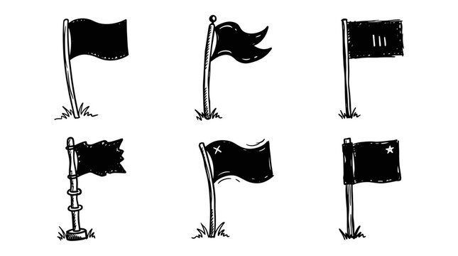 Set of six hand drawn black flags on poles with grass at the base