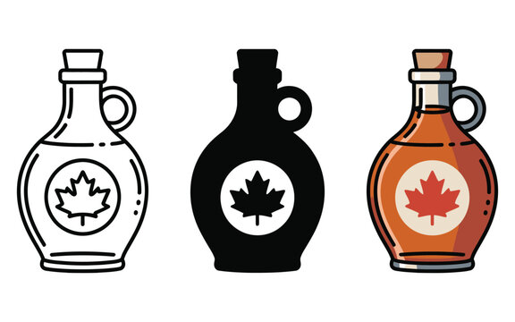 Various Simple Classic Canadian Maple Syrup Glass Bottle with Small Ring Handle Icon Symbol Vector Set, Vintage Style Assortment for Packaging, Label and Food Branding Design