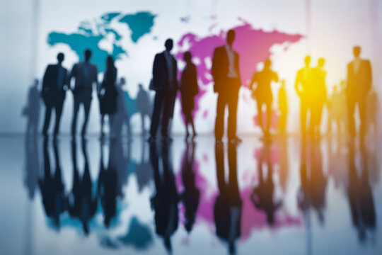 Diverse group of business professionals in suits standing and interacting with blurred global world map in background symbolizing international cooperation and teamw
