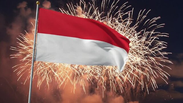 Indonesian flag waving against a celebratory night sky with fireworks