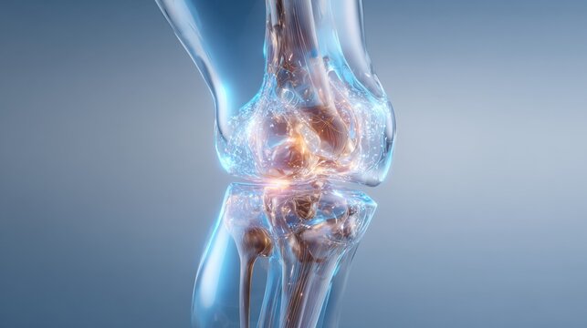 Detailed 3d illustration of a human knee joint showing bones, cartilage, and connective tissues highlighting intricate internal structure and joint mechanics