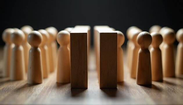 Wooden figures form groups separated by blocks. Symbolizes social division inequality conflict and exclusion. Represents barriers between people or ideas.