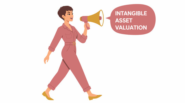 Person with megaphone announcing intangible asset valuation.