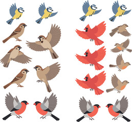 Cute Bird Vector Icon Set Featuring Cardinal, Sparrow, Blue Tit, and Bullfinch Species in Flying and Perching Poses for Wildlife and Nature Graphic Designs © MstJasmin