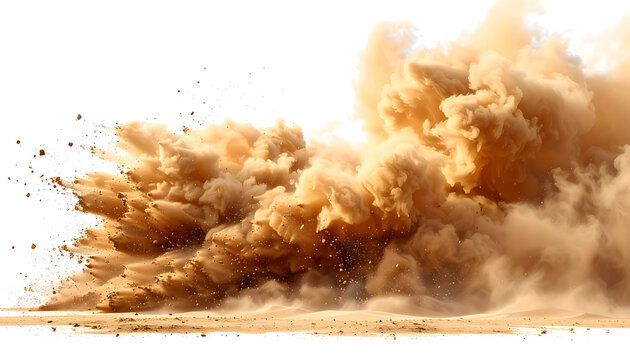 Isolated cloud of dry dusty earth exploding with swirling particles, explosion effect