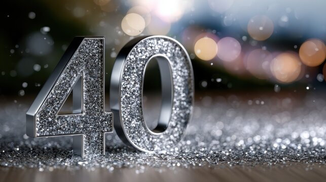 Sparkling silver number 40 decoration with glitter and bokeh lights in background for elegant milestone celebration or anniversary theme on festive surface