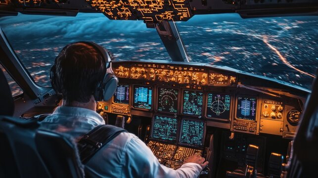 Pilot view inside a plane cockpit during a night flight, overlooking city lights