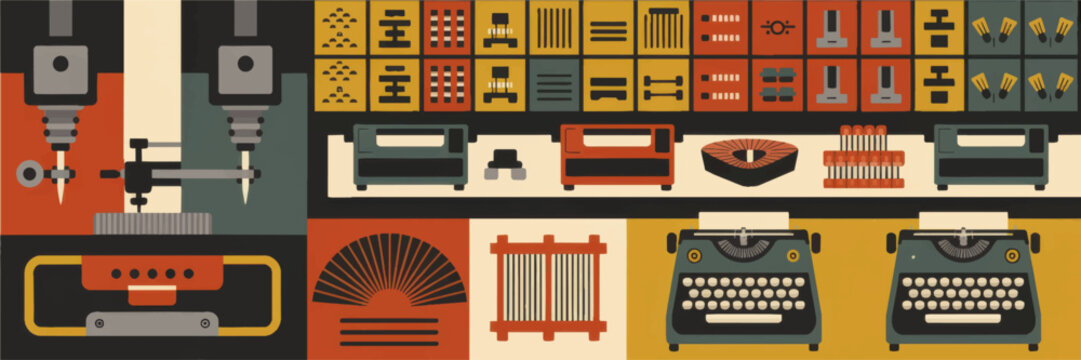 Mid century industrial technology illustration with retro typewriters machine tools and geometric factory equipment icons