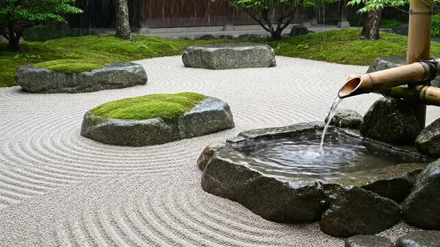 Zen garden water feature with bamboo spout and raked gravel sand patterns for meditation and relaxation