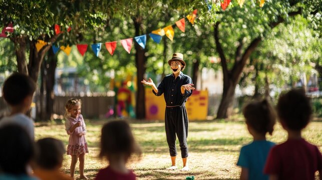 A mime entertains a group of young children outdoors, under colorful flags