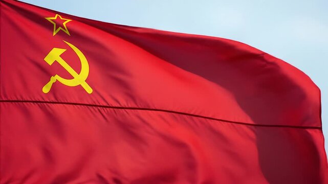 Soviet Union Flag Waving in Blue Sky, Hammer and Sickle Symbol