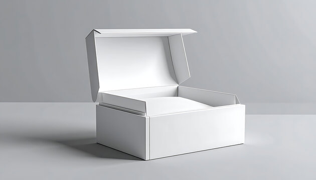 Isolated empty open white cardboard box mockup for product packaging, branding identity, delivery shipment, retail storage