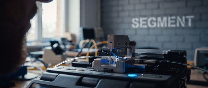 Fiber optic fusion splicing machine joining high speed internet cables in a workshop with a blue spark, representing high tech telecommunications network infrastructure installation and connectivity.