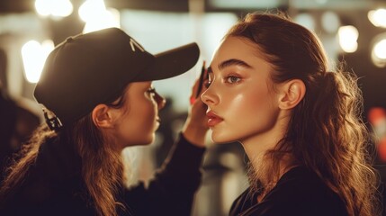 Fototapeta premium A makeup artist applies product to a model's face, bathed in warm lighting
