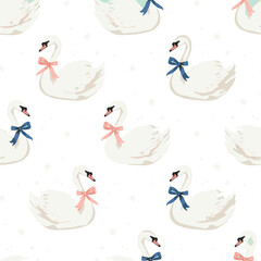 Elegant White Swan Seamless Pattern Vector Background with Cute Pink and Blue Neck Ribbons for Nursery Wallpaper and Baby Shower Designs © MstJasmin