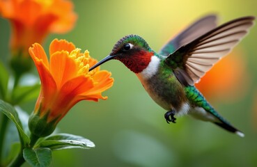 Fototapeta premium Tiny hummingbird hovers near bright orange flower. Bird drinks nectar with long beak. Iridescent feathers gleam in soft sunlight. Nature and wildlife close-up.
