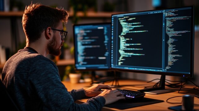 Man coding at a desk with two monitors displaying code, back view, low light