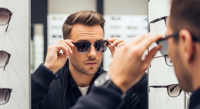 Man trying on stylish sunglasses in front of a mirror at an optical store. Customer choosing new eyewear for vision protection or fashion. Shopping for frames at an optician shop.