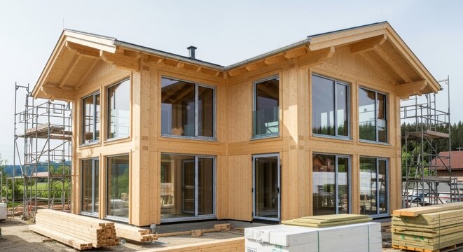 Modern prefab wooden house under construction. Sustainable eco friendly luxury villa building site. Architectural design of CLT panel home. Residential real estate development concept.