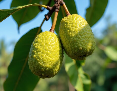Two unripe green noni fruits hang on tree branch. Textured bumpy surface of tropical fruit grows on plant with green leaves against blue sky.