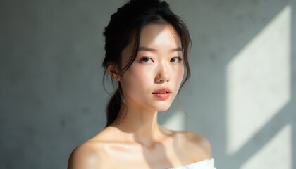 Naklejka premium Young Asian woman with radiant skin poses softly. Elegant model wears strapless top, natural makeup highlights her features. Light shadow patterns fall across her face and shoulder.