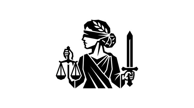 Lady justice symbol with scales and sword black and white illustration