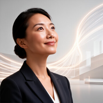 Confident Asian businesswoman looking up into future with glowing financial light curves corporate career growth sustainable development and long-term business success concept