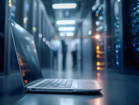 Laptop computer placed on the floor in a data center with blurred technicians working on server racks and glowing lights in the background