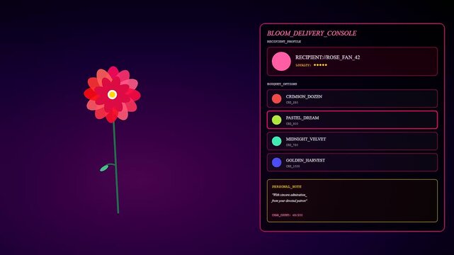 A digital virtual gifting interface displays a vivid animated floral bloom with selection menus and user profile data presented across three distinct frame sequence panels