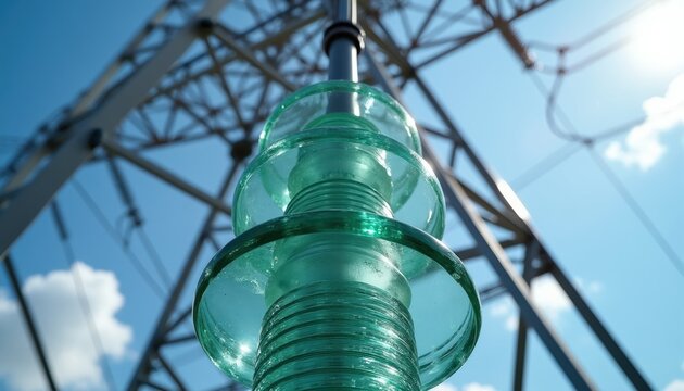 Glass insulator on power line tower against blue sky. High voltage electricity component. Energy transmission infrastructure detail. Clear day outdoor shot.