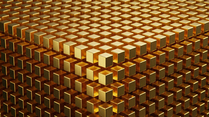 Obraz premium 透明な空間に静止する無数の純金ブロックの幾何学的なマトリクス構造を描いた背景用3DCG画像