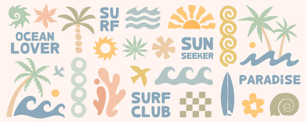 Fototapeta na wymiar Surf clipart set with summer coastal icons,ocean waves,palm trees,seashells,sun,tropical nature shapes and forms.Retro beach graphic elements for print design templates,branding,packaging,stickers.