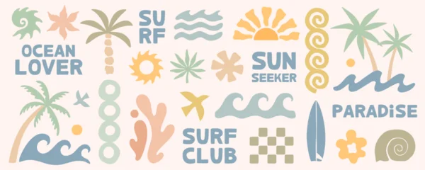 Surf clipart set with summer coastal icons,ocean waves,palm trees,seashells,sun,tropical nature shapes and forms.Retro beach graphic elements for print design templates,branding,packaging,stickers. © Xenia Artwork 