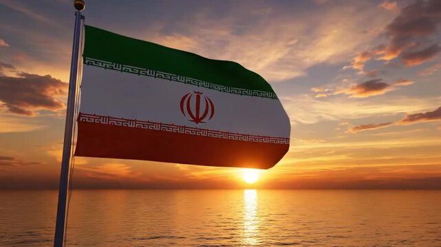 Iranian flag waving on flagpole against beautiful sunset sky and sea background