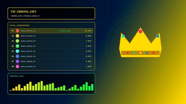 A digital Virtual Gifting Interface displays leaderboard statistics and crown graphics with a glowing gradient backdrop during an interactive gaming session for online stream audience engagement