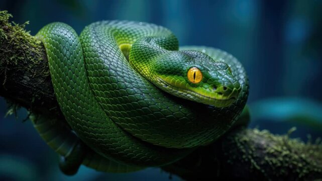 Emerald Enigma: A vibrant green snake, its scales shimmering with life, coils elegantly around a moss-covered branch in a lush, shadowy jungle. Its piercing yellow eyes gaze intently.