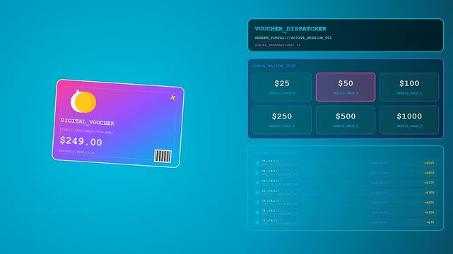 A fluid virtual gifting interface displays digital voucher amounts with shifting user transaction history logs within a sleek dark blue neon aesthetic web application motion graphic