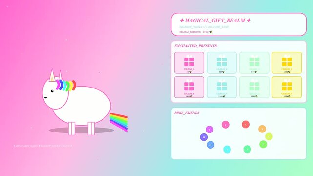 Animated virtual gifting interface depicting a cartoon unicorn character interacting with a magical treasure chest menu displayed on a vibrant soft gradient pink atmosphere