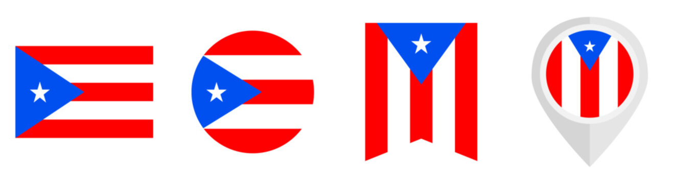 The Puerto Rico flag, including standard rectangular, circular, vertical and pin banner designs.