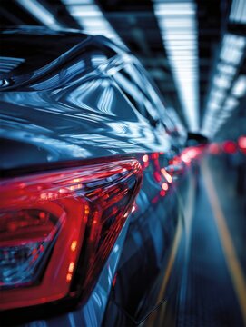 Modern automotive assembly line with close-up of sleek vehicle tail light design illuminated in vibrant red tones inside a futuristic factory environment